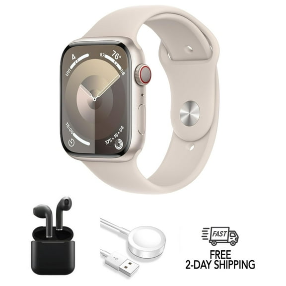 Restored Apple Watch Series 9 Aluminum 45mm A2980 (GPS Only, No Cellular) Starlight w/ Wireless Earbuds (Refurbished)