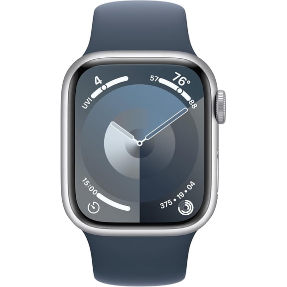 Restored Apple Watch Series 9 [GPS 45mm] Smartwatch with Silver Aluminum Case and Storm Blue Sport Band - S/M. Fitness Tracker, ECG Apps, Always-On Retina Display, Water Resistant (Refurbished)