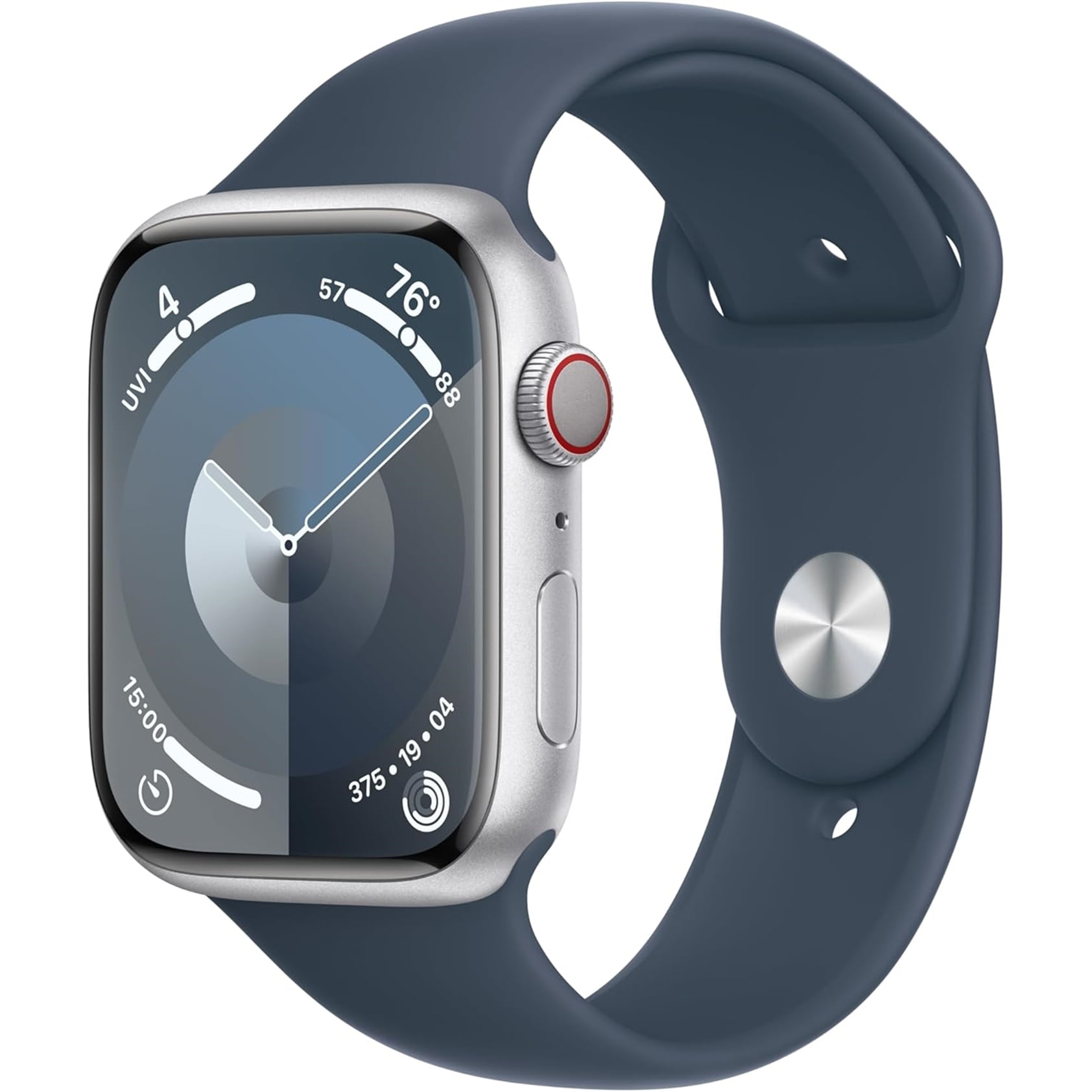 Restored Apple Watch Series 9 [GPS + Cellular, 45mm] - Aluminum Silver Case with Storm Blue Sport Band, M/L (Refurbished)