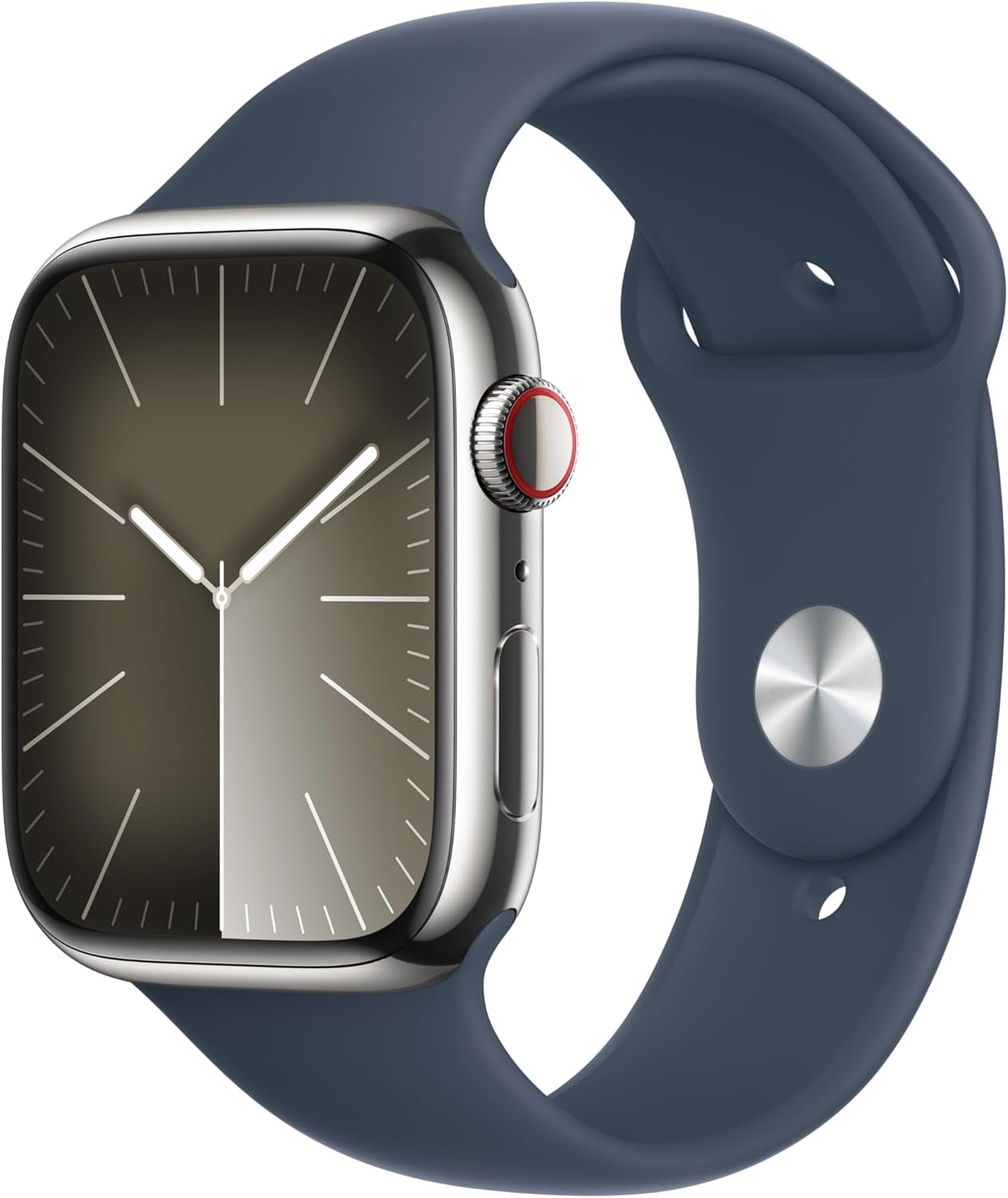 Apple Watch Series 9 [GPS + Cellular 45mm] Smartwatch with Silver Stainless Steel Case and Storm Blue Sport Band - M/L. Fitness Tracker, ECG Apps, Always-On Retina Display, Water Resistant