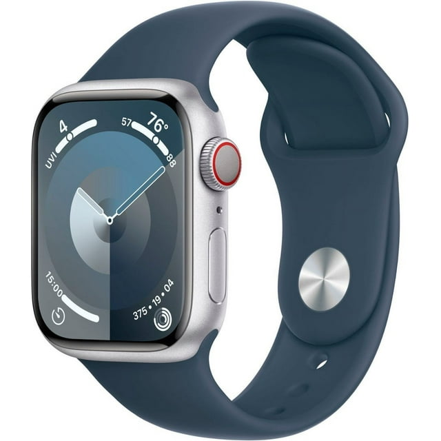 Restored Apple Watch Series 9 With Blood Oxygen. GPS + Cellular 41mm Silver Aluminum Case with Storm Blue Sport Band - M/L. (Refurbished)