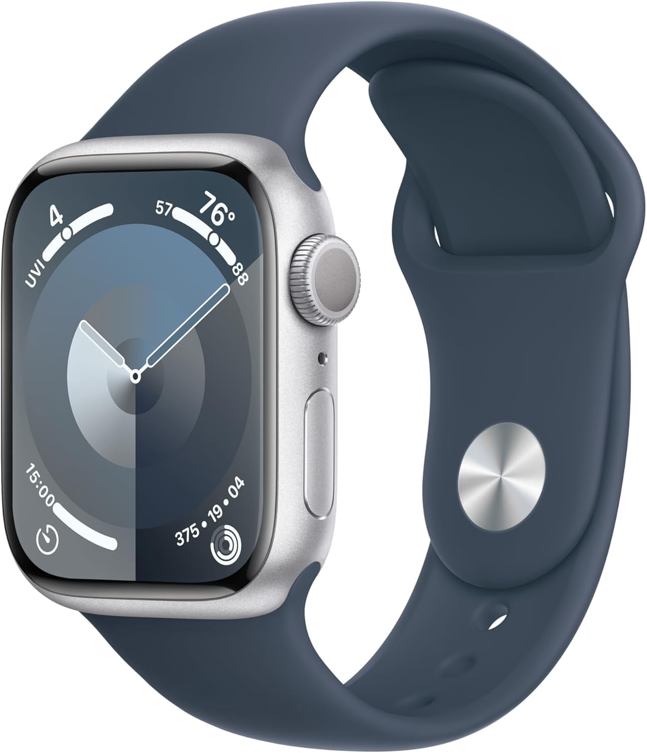 Apple Watch Series 9 With Blood Oxygen. GPS + Cellular 45mm Silver Aluminum Case with Storm Blue Sport Band - M/L.