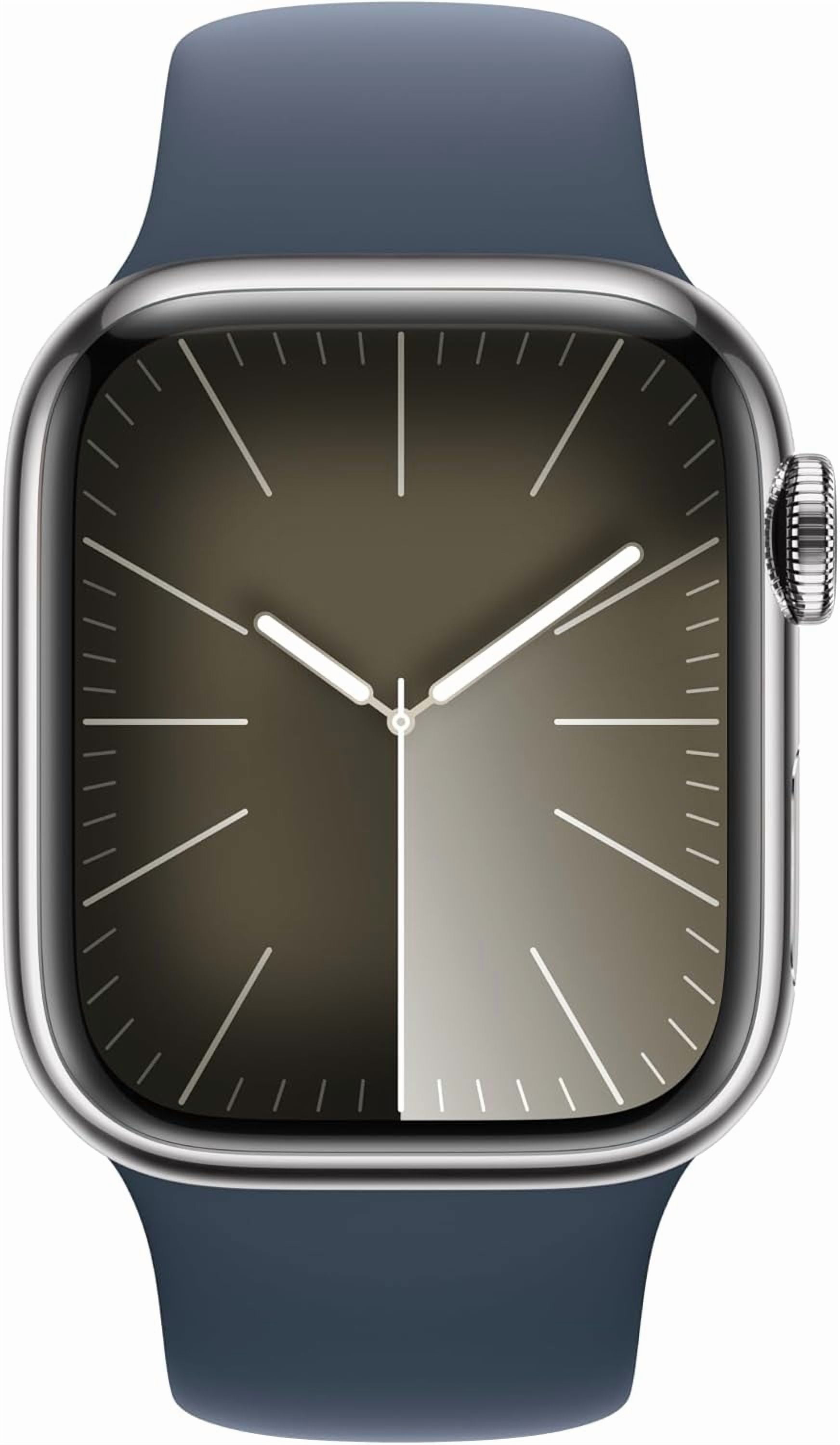 Apple Watch Series 9 With Blood Oxygen. GPS + Cellular 45mm Silver Stainless Steel Case with Silver Milanese Loop.