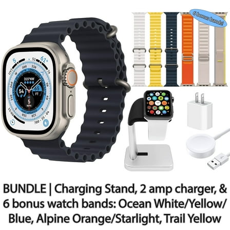 Restored Apple Watch Ultra (GPS + Cellular, 49 mm) Titanium Case with Midnight Ocean Band, Bundle 6 Bonus Bands, Charging Stand, & 2 amp charger (Refurbished)