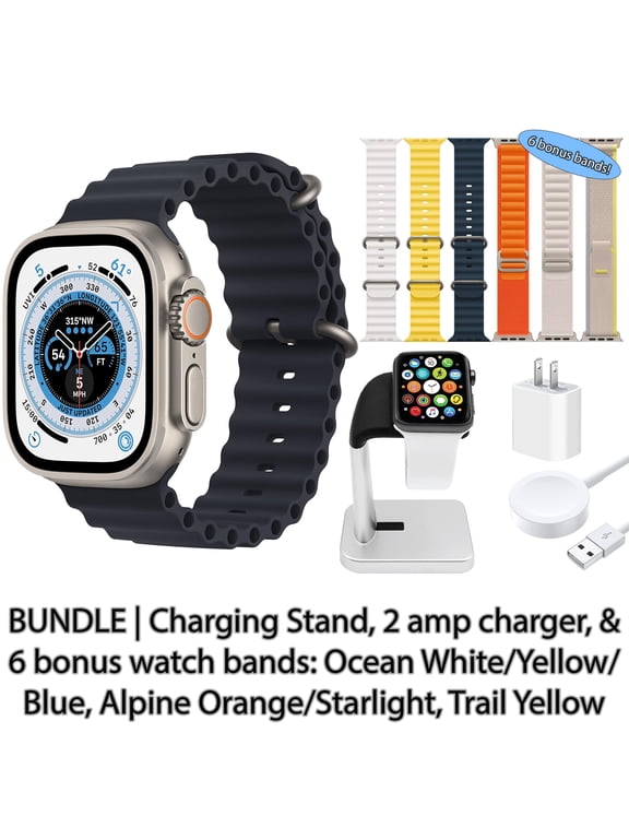Restored Apple Watch Ultra (GPS + Cellular, 49 mm) Titanium Case with Midnight Ocean Band, Bundle: 6 Bonus Bands, Charging Stand, & 2 amp charger