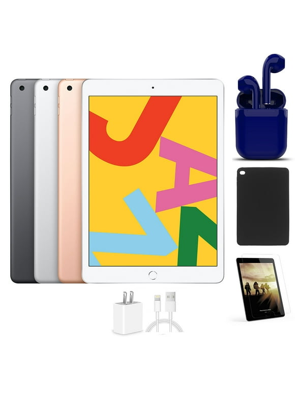 Restored Apple iPad 10.2-inch Wi-Fi Only 32GB Bundle: Case, Pre-Installed Tempered Glass, Rapid Charger, Bluetooth/Wireless Airbuds By Certified 2 Day Express (Refurbished)