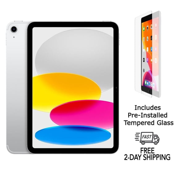 Restored Apple iPad 10th Gen A2757 (WiFi + Cellular Unlocked) 64GB Silver w/ Pre-Installed Tempered Glass (Refurbished)