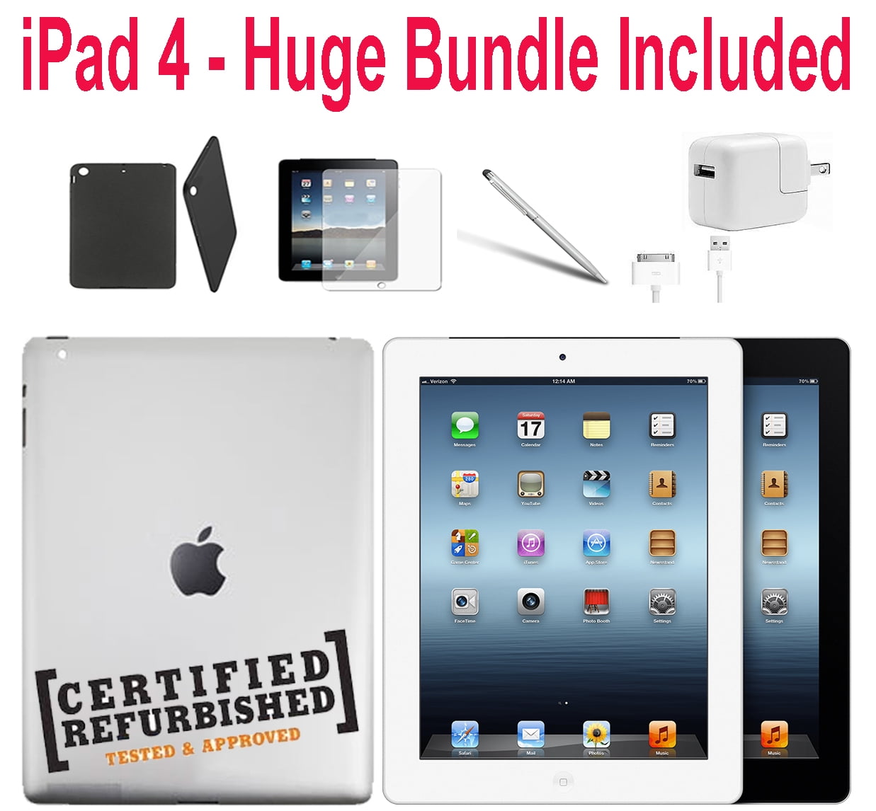 Restored Apple iPad 4th Generation, 9.7-inch, 16GB, Wi-Fi Only, Bundle: Case, Rapid Charger, Pre-Installed Tempered Glass \u0026 Stylus Pen - Black (Refurbished)