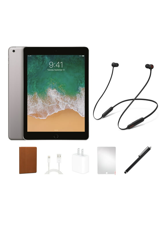 Restored Apple iPad 5 (2017) Bundle, 128GB, Space Gray, Wi-Fi, Beats Flex, Case, Tempered Glass, Stylus Pen, Charging Accessories (Refurbished)