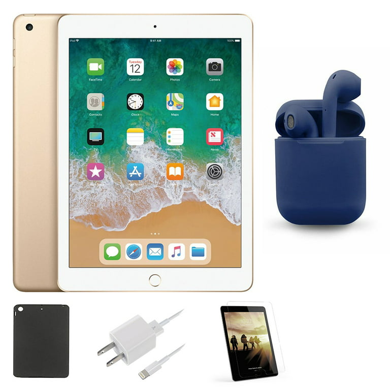Restored Apple iPad 5 32GB Gold Wi-Fi Only 9.7-inch Retina Bundle:  Pre-Installed Tempered Glass, Case, Charger, Bluetooth/Wireless Airbuds By 