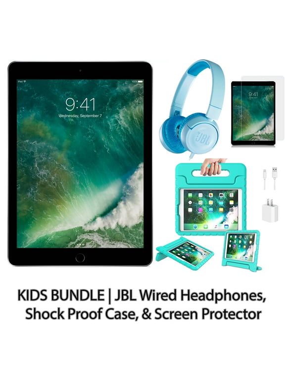 Restored Apple iPad 5 9.7" 128GB Space Gray (Wifi) with Kids Bundle JBL Wired Headphones, Shock Proof Case, & Screen Protector (Refurbished)