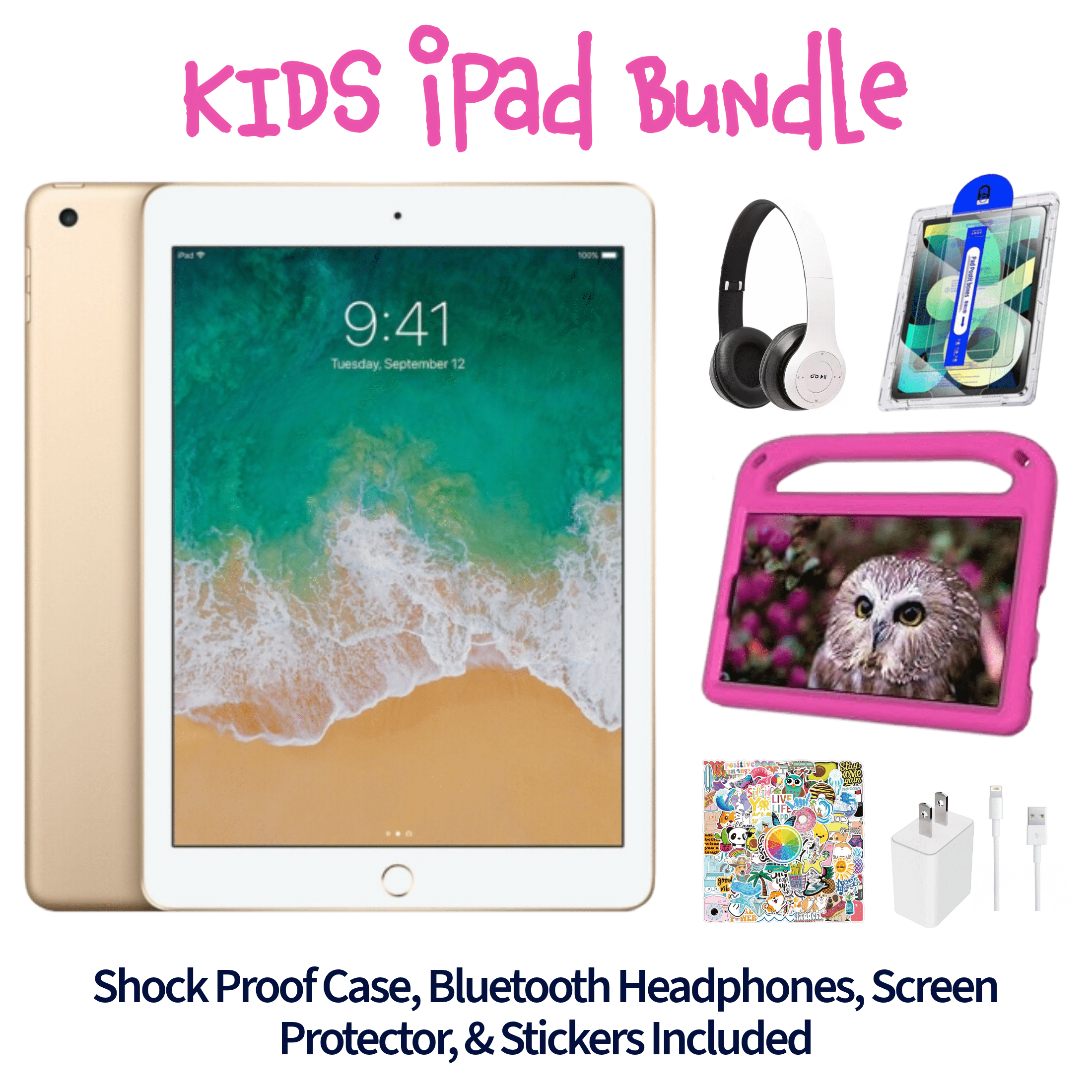 Restored Apple iPad 5 Kid's Bundle - 9.7" 32GB Gold (Wi-Fi) - Shock Proof Case, Bluetooth Headphones, Screen Protector, Kid's Stickers, and Charger Included (Refurbished)