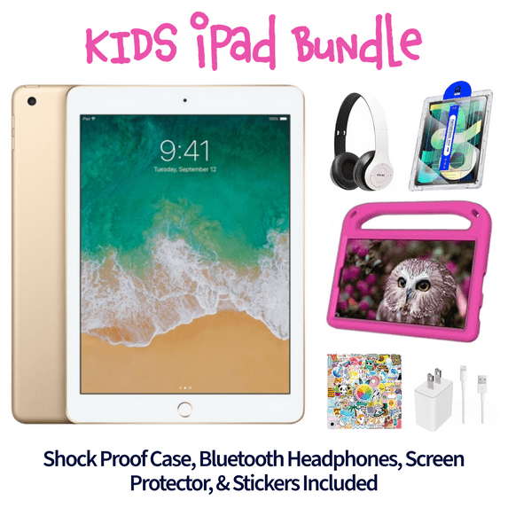 Restored Apple iPad 5 Kid's Bundle - 9.7" 32GB Gold (Wi-Fi) - Shock Proof Case, Bluetooth Headphones, Screen Protector, Kid's Stickers, and Charger Included (Refurbished)