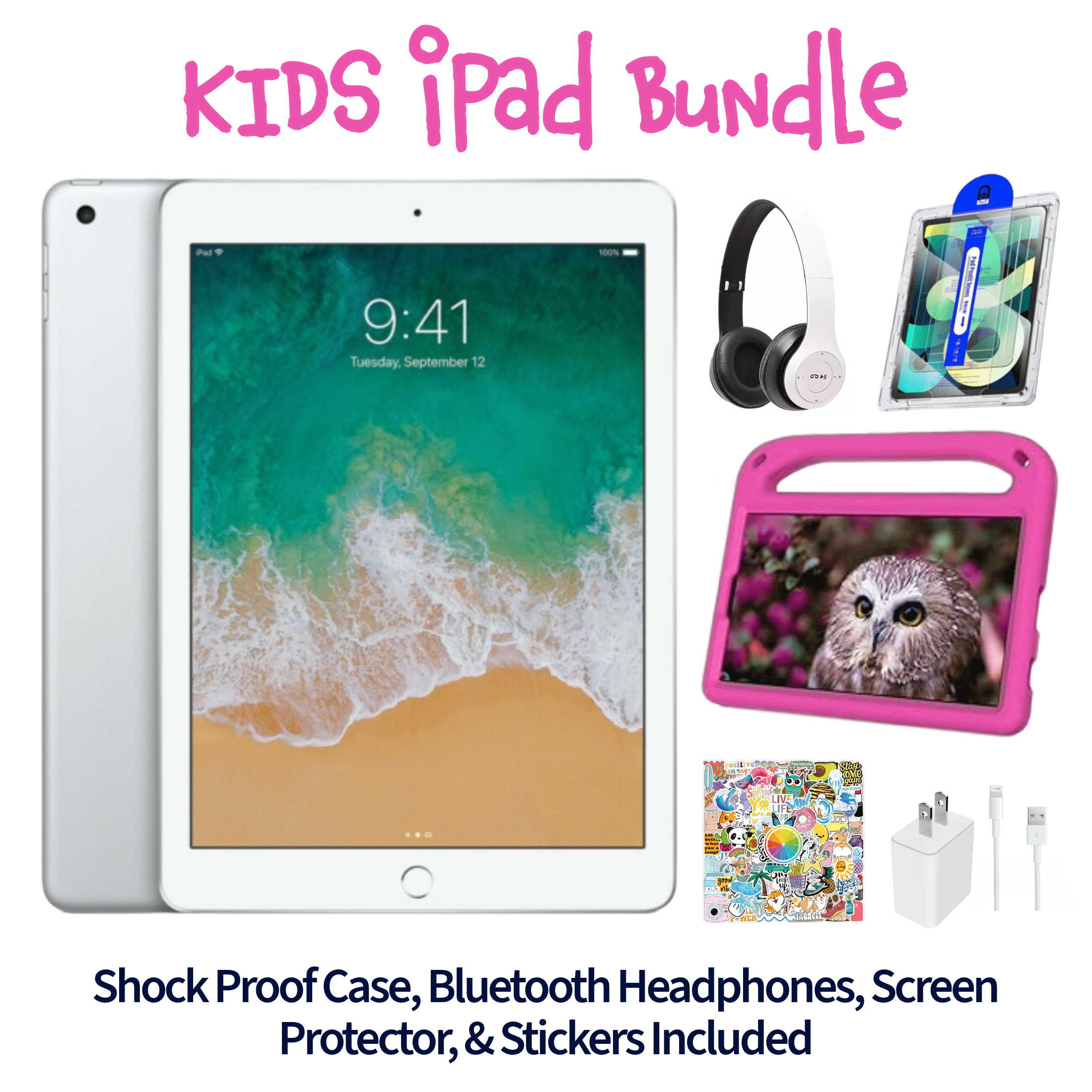 Restored Apple iPad 5 Kid's Bundle - 9.7" 32GB Silver (Wi-Fi) - Shock Proof Case, Bluetooth Headphones, Screen Protector, Kid's Stickers, and Charger Included (Refurbished)