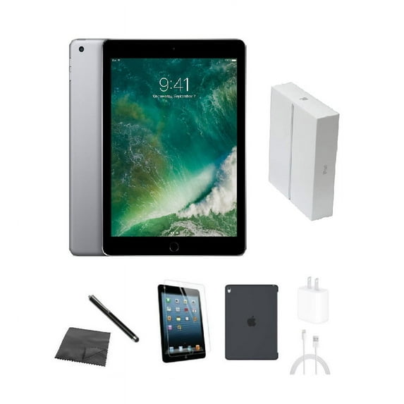 Restored Apple iPad 5th Gen A1823 (WiFi + Cellular Unlocked) 32GB Space Gray Bundle w/ Case, Box, Tempered Glass, Stylus, Charger (Refurbished)