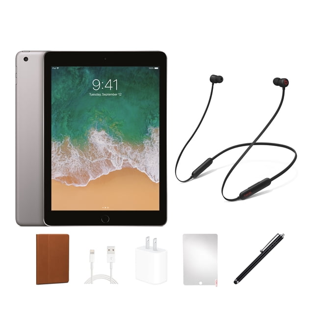 Restored Apple iPad 6 (2018) Bundle, 128GB, Space Gray, Wi-Fi, Beats Flex, Case, Tempered Glass, Stylus Pen, Charging Accessories (Refurbished)