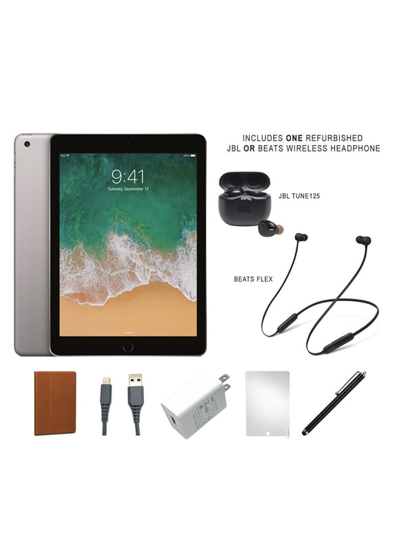 Restored Apple iPad 6 (2018) Bundle, 32GB, Space Gray, Wi-Fi, Beats or JBL headset, Case, Tempered Glass, Stylus Pen, Charging Accessories (Refurbished)