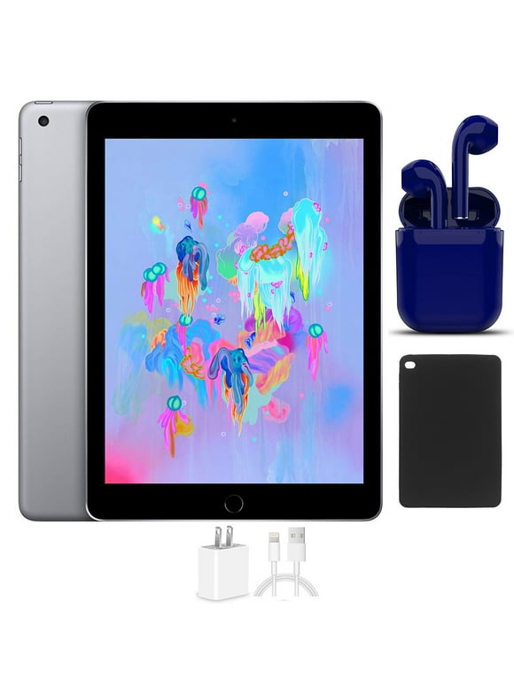 Restored Apple iPad 6 32GB Space Gray Wi-Fi Only Bundle: USA Essentials Bluetooth/Wireless Airbuds, Case, Charger By Certified 2 Day Express (Refurbished)