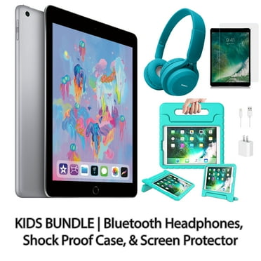 Restored Apple iPad 6 9.7" 128GB Space Gray (Wifi) Kids Bundle: Bluetooth Headphones: Shock Proof Case: & Screen Protector (Refurbished)