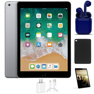 Restored Apple iPad 6 9.7-inch 128GB Space Gray Wi-Fi Only Bundle: Case, Pre-Installed Tempered Glass, Rapid Charger, Bluetooth/Wireless Airbuds (Refurbished)