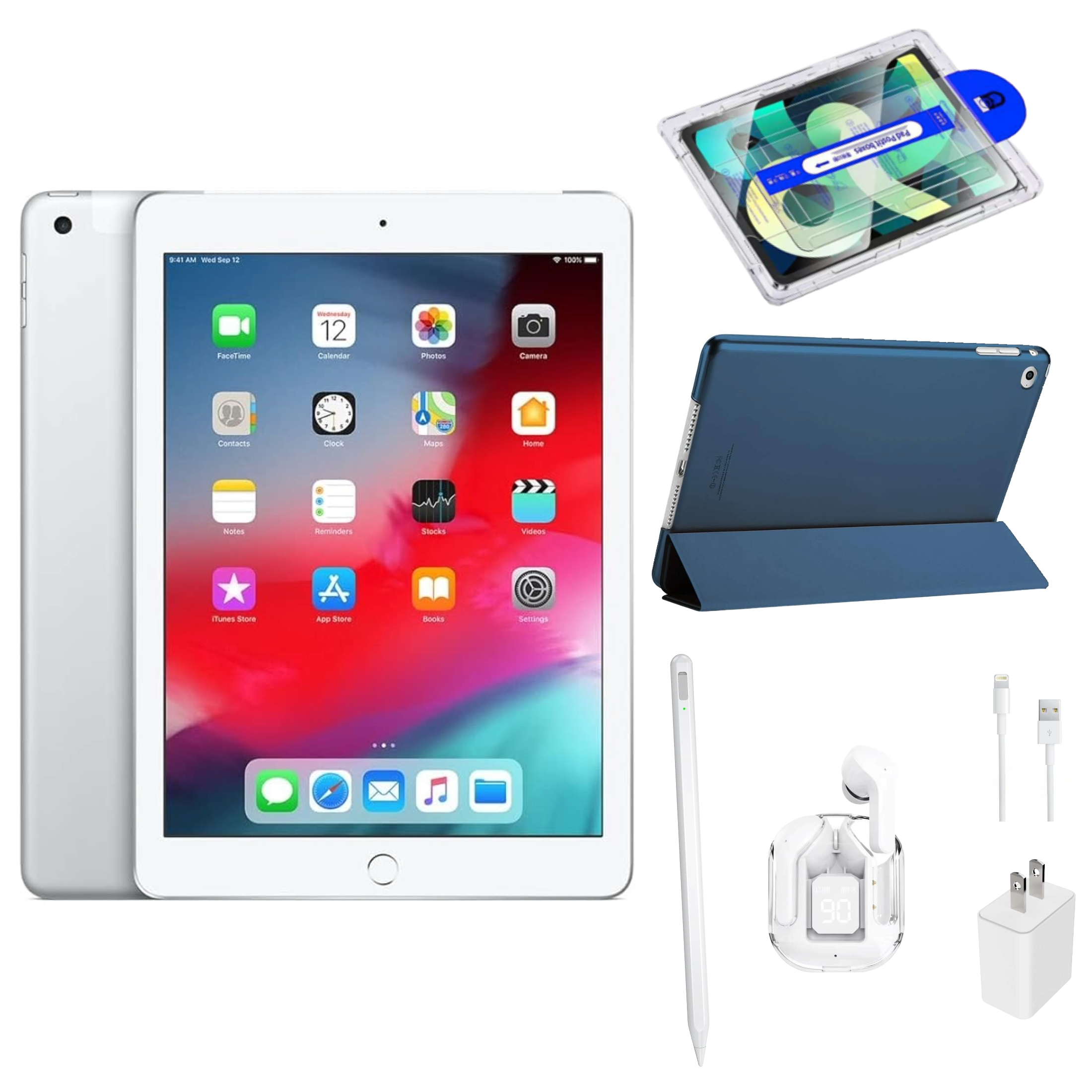 Restored Apple iPad 6 Bundle - 9.7" 32GB Silver (Wi-Fi) - Magnetic Smart Case, Wireless Earbuds, Stylus, Screen Protector, and Charger Included (Refurbished)