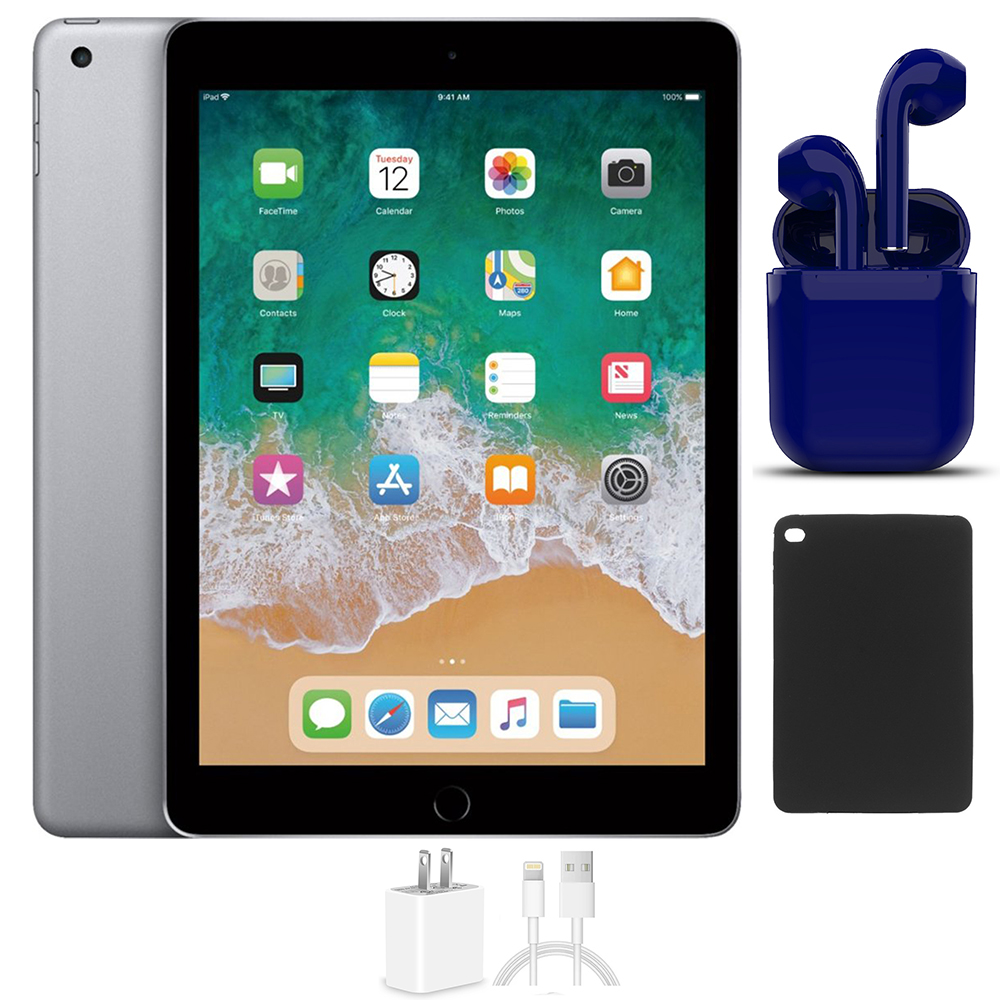 Restored Apple iPad 6 Space Gray Wi-Fi Only 9.7-inch 128GB Bundle: USA Essentials Bluetooth/Wireless Airbuds, Rapid Charger, Case By Certified 2 Day Express (Refurbished) - image 1 of 8
