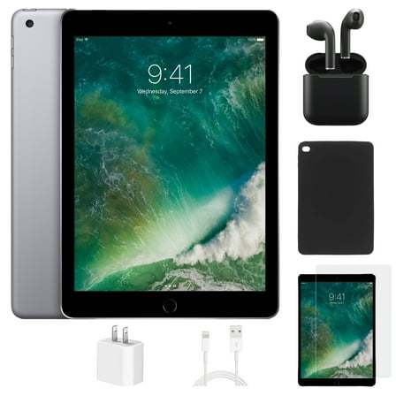 Restored Apple iPad 6th Gen (WiFi) 128GB Space Gray Bundle with Wireless Earbuds, Case, Tempered Glass screen protector (Refurbished)