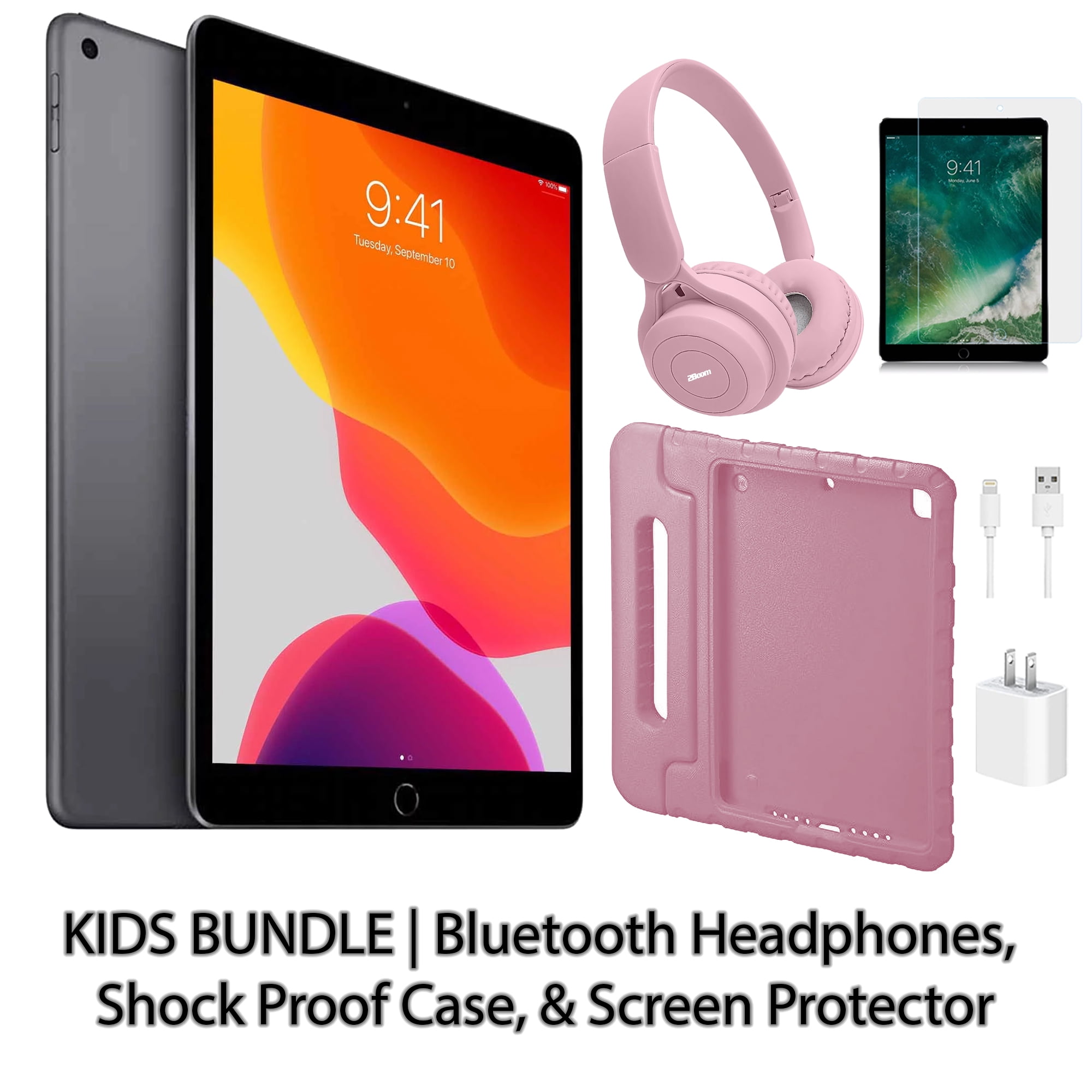 Restored Apple iPad 7 10.2" 128GB Space Gray (Wifi) Kids Bundle: Bluetooth Headphones, Shock Proof Case, & Screen Protector (Refurbished)