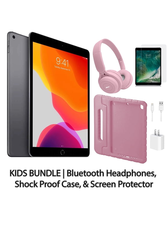 Restored Apple iPad 7 10.2" 32GB Space Gray (Wifi) Kids Bundle: Bluetooth Headphones, Shock Proof Case, & Screen Protector (Refurbished)