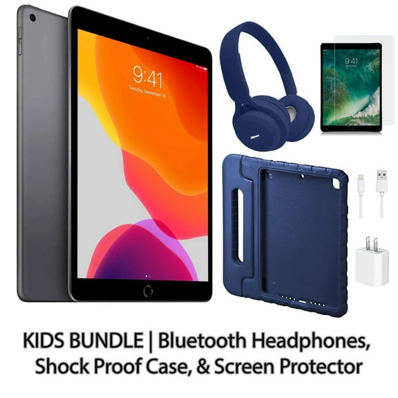 Restored Apple iPad 7 10.2" 32GB Space Gray (Wifi) Kids Bundle: Bluetooth Headphones, Shock Proof Case, & Screen Protector (Refurbished)