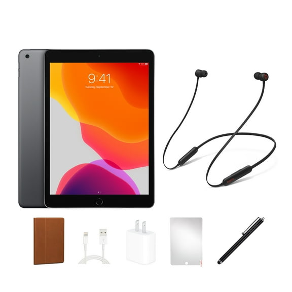 Restored Apple iPad 7 (2019) Bundle, 128GB, Space Gray, Wi-Fi, Beats Flex, Case, Tempered Glass, Stylus Pen, Charging Accessories (Refurbished)