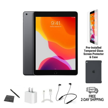 Restored Apple iPad 7th Gen A2197 (WiFi) 32GB Space Gray Bundle w/ Case, Bluetooth Neckband Earbuds, Tempered Glass, Stylus, Charger (Refurbished)