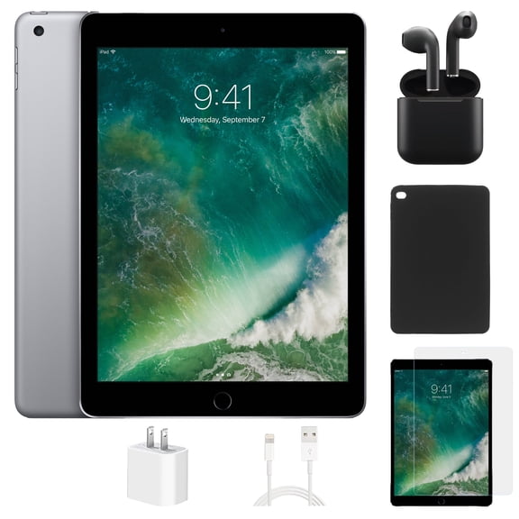 Restored Apple iPad 7th Gen (Cellular Unlocked) 32GB Space Gray Bundle with Wireless Earbuds, Case, Tempered Glass screen protector (Refurbished)