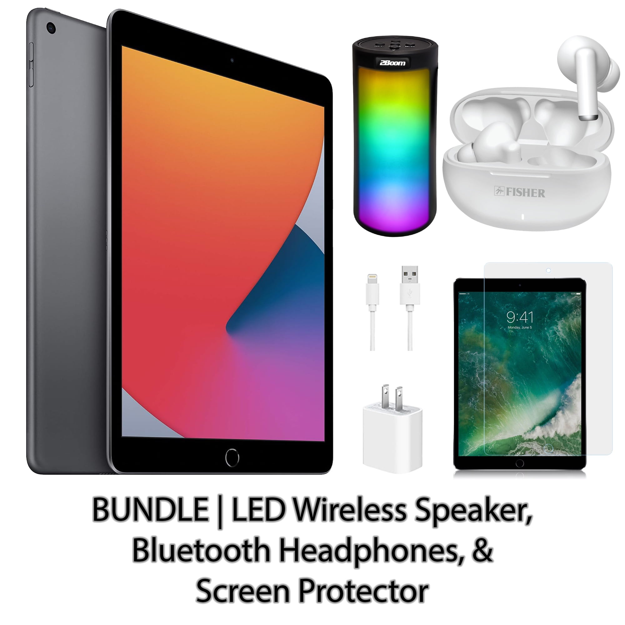 Restored Apple iPad 8 10.2" 128GB Space Gray (Wifi) Bundle: LED Wireless Speaker, Bluetooth Headphones, & Screen Protector (Refurbished)