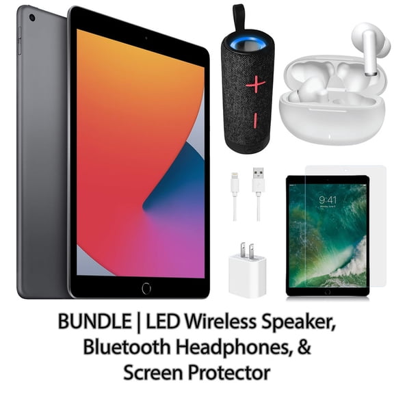 Restored Apple iPad 8 10.2" 32GB Space Gray (Wifi + 4G) Bundle: LED Wireless Speaker, Bluetooth Headphones, & Screen Protector (Refurbished)