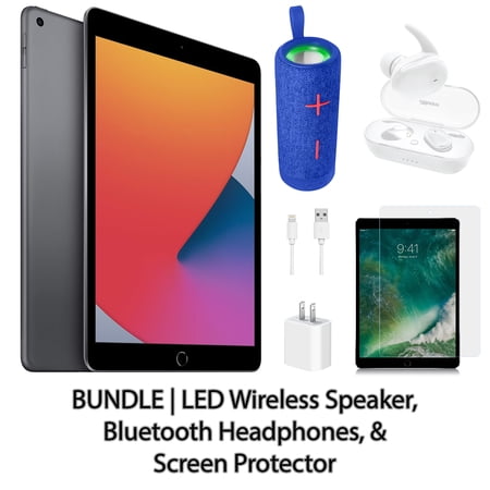 Restored Apple iPad 8 10.2" 32GB Space Gray (Wifi) Bundle: LED Wireless Speaker, Bluetooth Headphones, & Screen Protector (Refurbished)