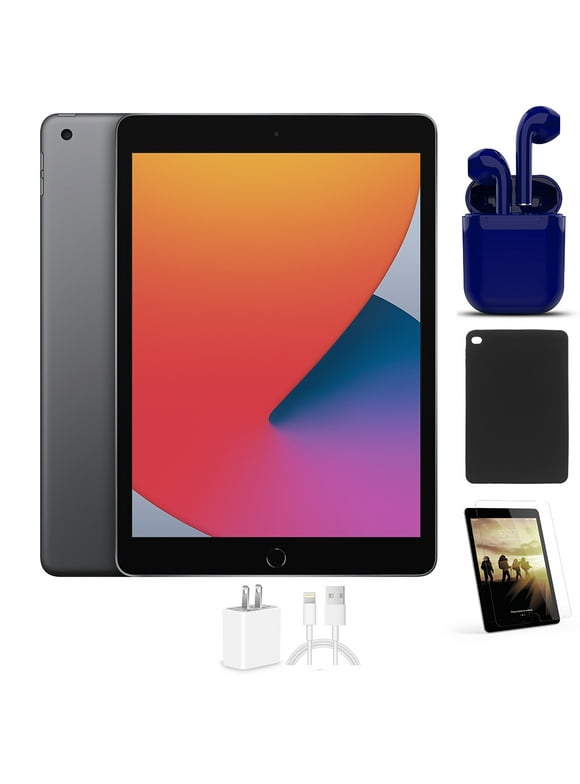 Restored Apple iPad 8 10.2-inch 128GB Wi-Fi Only Latest OS Space Gray Bundle: Case, Pre-Installed Tempered Glass, Rapid Charger, Bluetooth/Wireless Airbuds By Certified 2 Day Express (Refurbished)