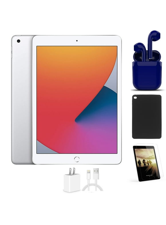 Restored Apple iPad 8 10.2-inch 32GB Wi-Fi Only Latest OS Silver Bundle: Case, Pre-Installed Tempered Glass, Rapid Charger, Bluetooth/Wireless Airbuds By Certified 2 Day Express (Refurbished)
