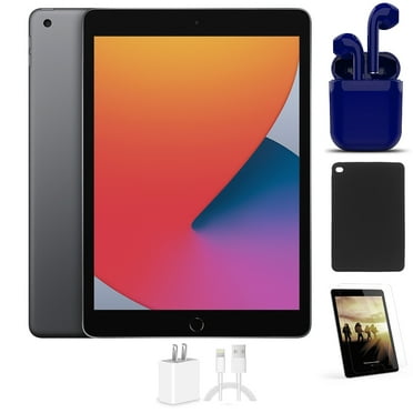 Restored Apple iPad 8 Space Gray Wi-Fi-Only 32GB 10.2-inch Retina Bundle: Case, Pre-Installed Tempered Glass, Charger, Bluetooth/Wireless Airbuds By Certified 2 Day Express (Refurbished)