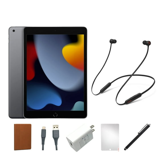 Restored Apple iPad 9 (2021) Bundle, 64GB, Space Gray, Wi-Fi, Beats Flex Wireless In-Ear Headphones, Case, Tempered Glass, Stylus Pen, Charging Accessories (Refurbished)