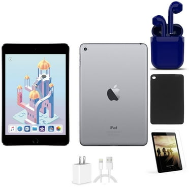 Restored Apple iPad Mini 4 64GB Space Gray Bundle: Case, Pre-Installed Tempered Glass, Rapid Charger, Bluetooth/Wireless Airbuds By Certified 2 Day Express (Refurbished)