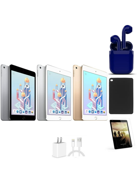Restored Apple iPad Mini 4 7.9-inch 128GB Latest OS Wi-Fi Only Bundle: Pre-Installed Tempered Glass, Case, Rapid Charger, Bluetooth/Wireless Airbuds By Certified 2 Day Express (Refurbished)