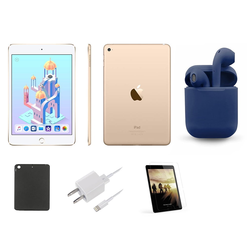 Restored Apple iPad Mini 4 7.9-inch Wi-Fi Only 64GB Gold Bundle:  Pre-Installed Tempered Glass, Case, Rapid Charger, Bluetooth/Wireless  Airbuds By 