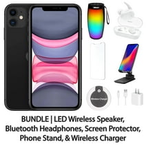 Restored Apple iPhone 11 128GB Black Fully Unlocked with LED Wireless Speaker, Bluetooth Headphones, Screen Protector, Wireless Charger, & Phone Stand (Refurbished)