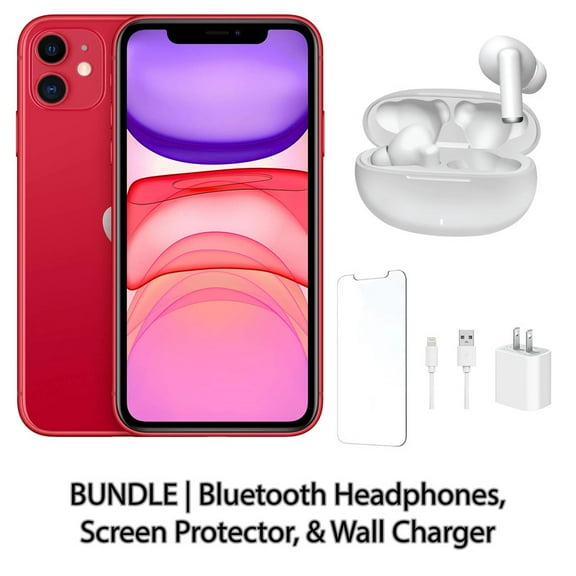 Restored Apple iPhone 11 128GB Red Fully Unlocked Bundle: Bluetooth Headphones, Screen Protector, & Wall Charger (Refurbished)