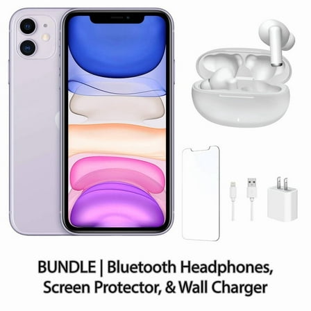 Restored Apple iPhone 11 128GB Purple Fully Unlocked Bundle: Bluetooth Headphones, Screen Protector, & Wall Charger (Refurbished)