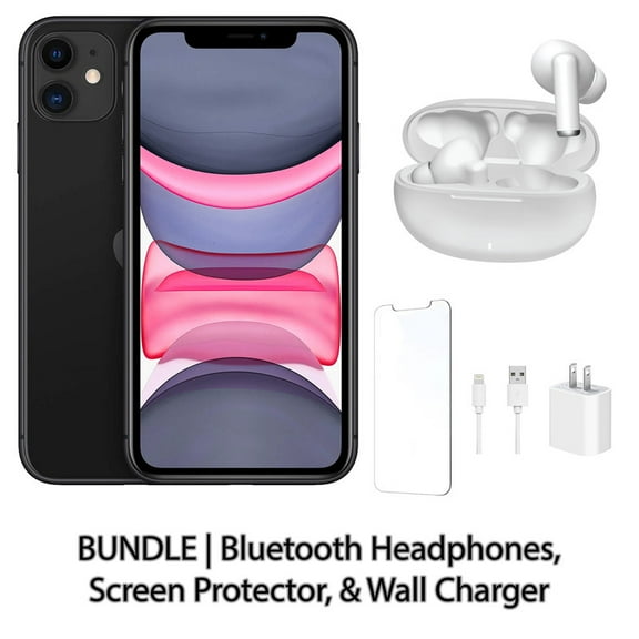 Restored Apple iPhone 11 128GB Black Fully Unlocked Bundle: Bluetooth Headphones, Screen Protector, & Wall Charger (Refurbished)