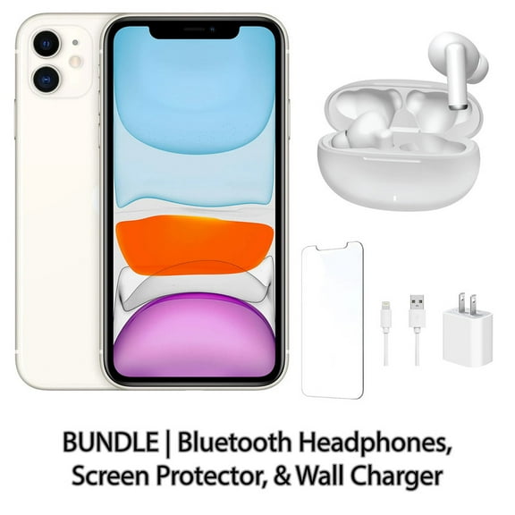 Restored Apple iPhone 11 64GB White Fully Unlocked Bundle: Bluetooth Headphones, Screen Protector, & Wall Charger (Refurbished)