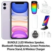 Restored Apple iPhone 11 64GB Purple Fully Unlocked with LED Wireless Speaker, Bluetooth Headphones, Screen Protector, Wireless Charger, & Phone Stand (Refurbished)