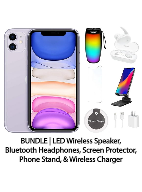 Restored Apple iPhone 11 64GB Purple Fully Unlocked with LED Wireless Speaker, Bluetooth Headphones, Screen Protector, Wireless Charger, & Phone Stand (Refurbished)